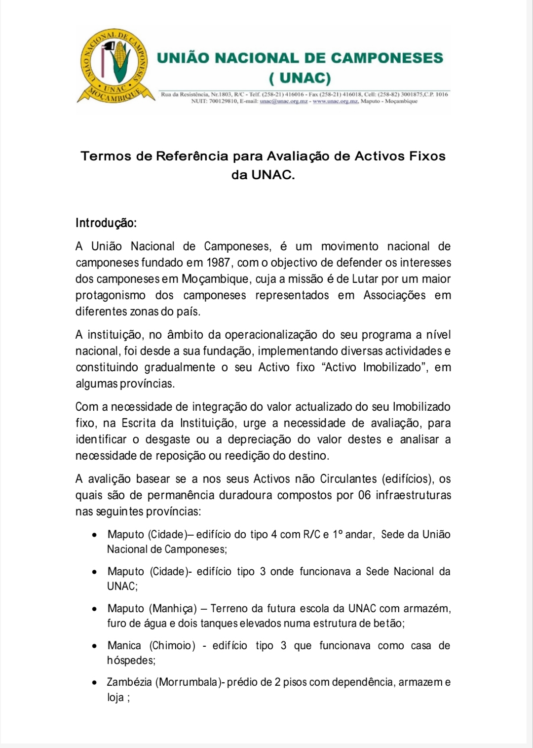 Termos de Referência  para Avaliação de Activos Fixos  da UNAC