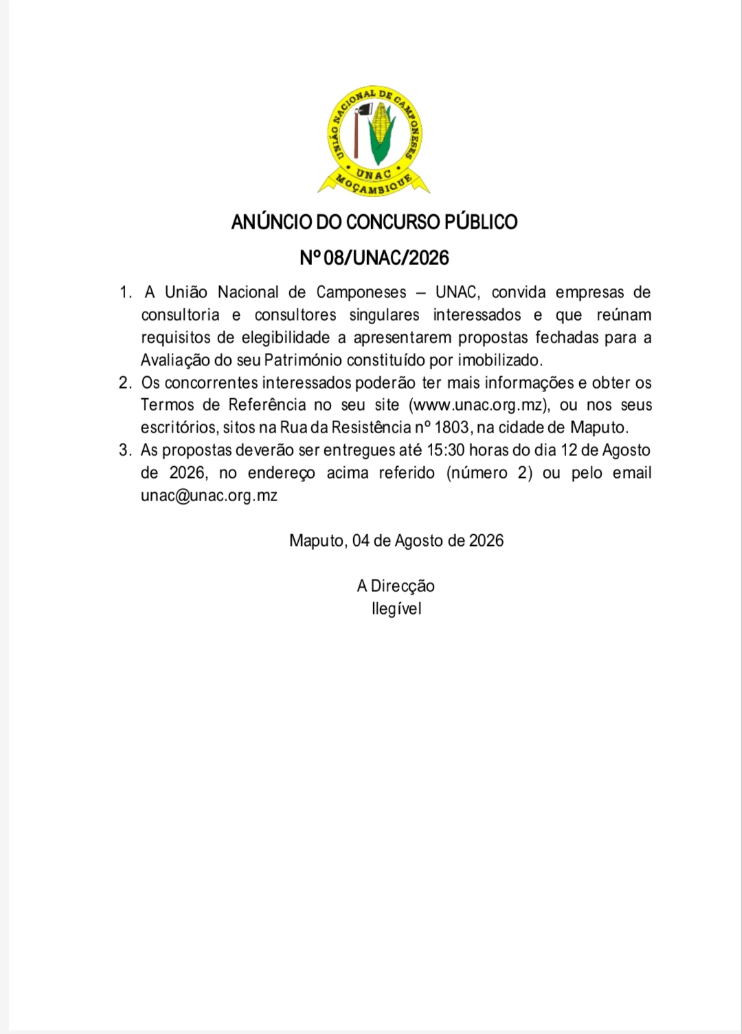 Anúncio do Concurso para Avaliação de Activos Fixos da UNAC